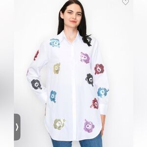 Over Apparel brand White Colored Sequins Collar Button Long Sleeve cuffed Shirt